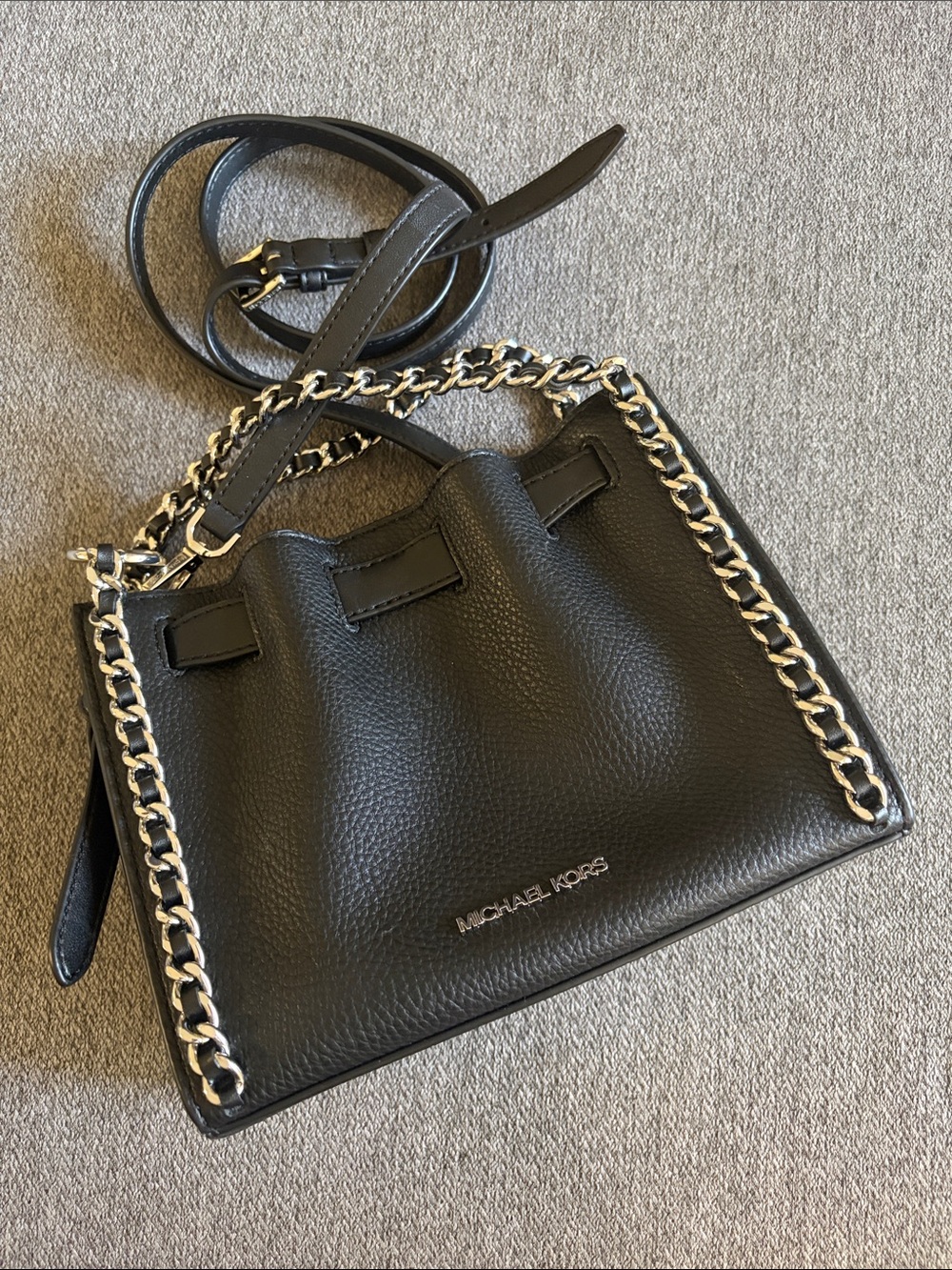 Michael Kors Black Pebbled Leather Crossbody with Silver Chain Trim